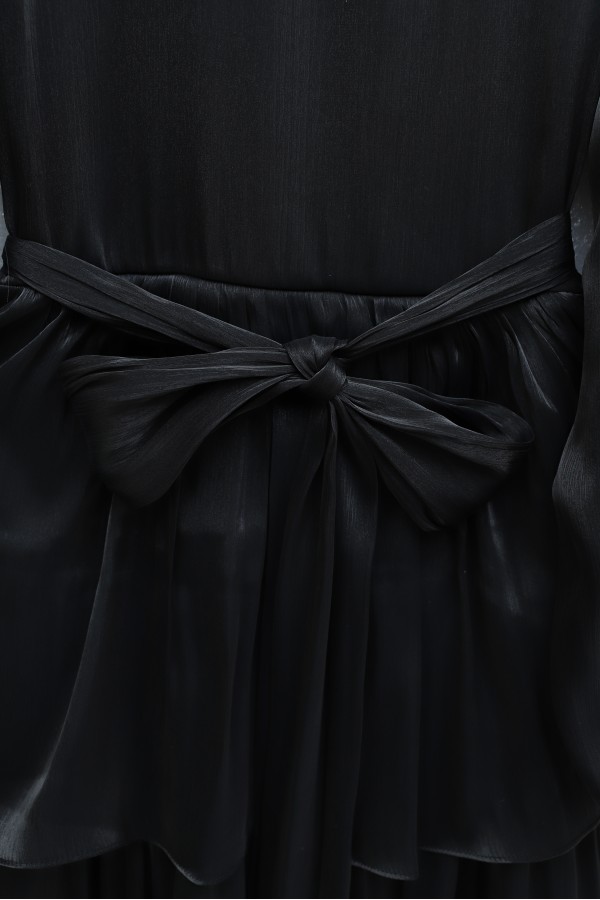 Shimmering Chiffon Dress with Elasticated Sleeves, Drawstring Waist, and Layered Skirt -Black