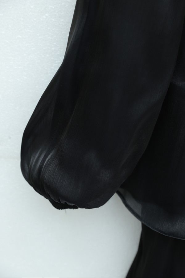 Shimmering Chiffon Dress with Elasticated Sleeves, Drawstring Waist, and Layered Skirt -Black