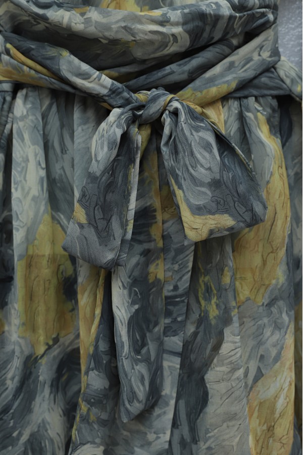 Layered Skirt, Elasticated Sleeves, Belted Waist, Lined Chiffon Dress -Anthracite