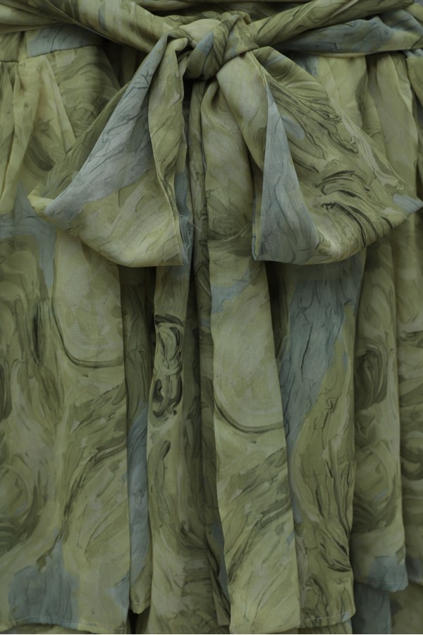 Layered Skirt, Elasticated Sleeves, Belted Waist, Lined Chiffon Dress -PISTACHIO GREEN
