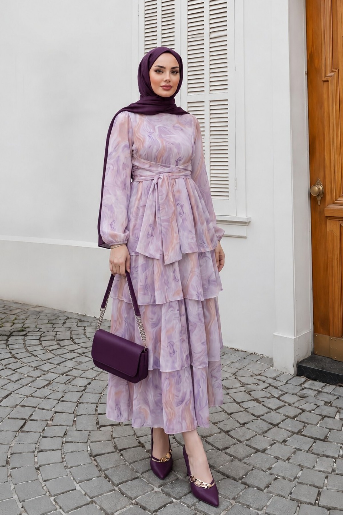 Layered Skirt, Elasticated Sleeves, Belted Waist, Lined Chiffon Dress -Dried rose
