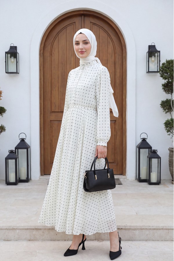 Lined, Elastic Waist, Polka Dot Patterned Long Chiffon Dress -White