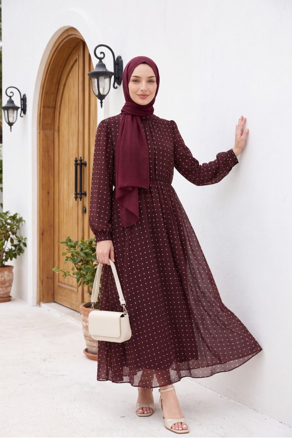 Astarlı Beli Lastikli Puantiye Desenli Uzun Şifon Elbise -Bordo