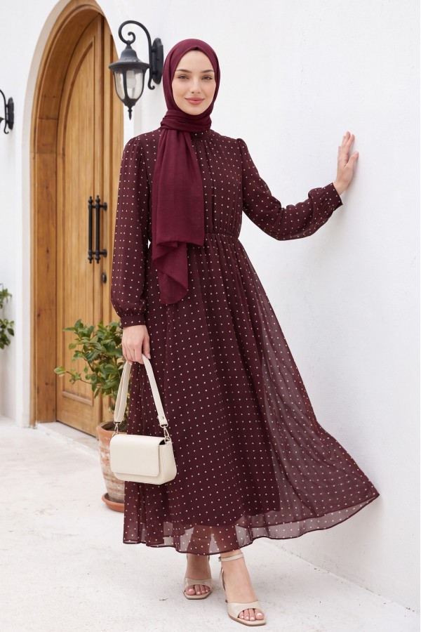 Astarlı Beli Lastikli Puantiye Desenli Uzun Şifon Elbise -Bordo