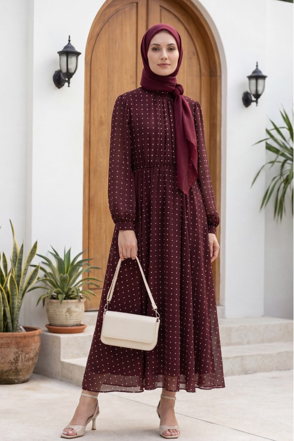 Astarlı Beli Lastikli Puantiye Desenli Uzun Şifon Elbise -Bordo