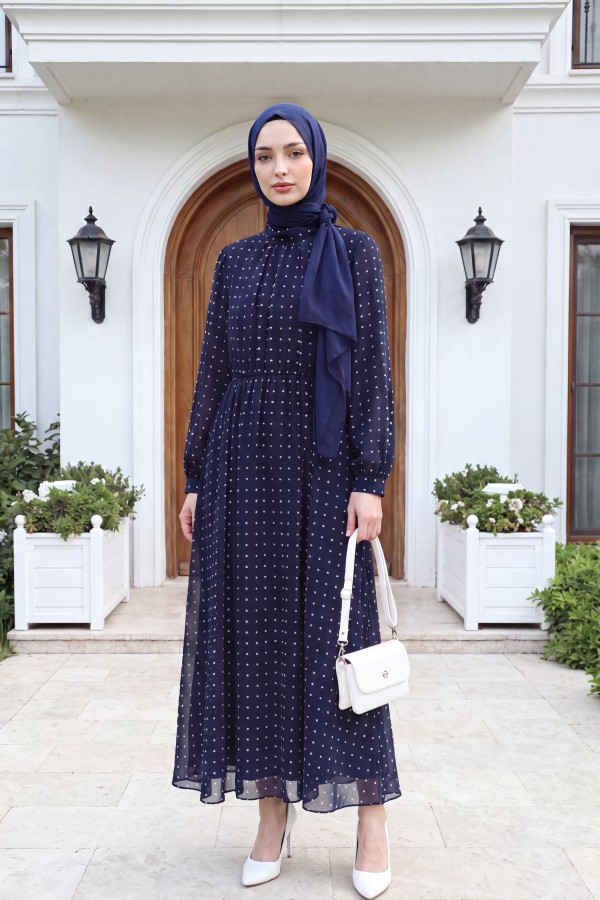 Lined, Elastic Waist, Polka Dot Patterned Long Chiffon Dress -Navy blue