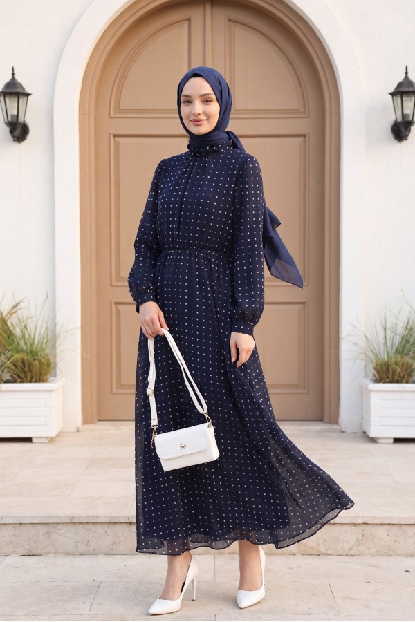 Lined, Elastic Waist, Polka Dot Patterned Long Chiffon Dress -Navy blue