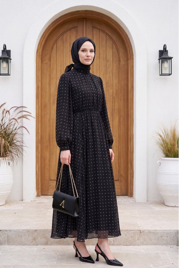 Lined, Elastic Waist, Polka Dot Patterned Long Chiffon Dress -Black