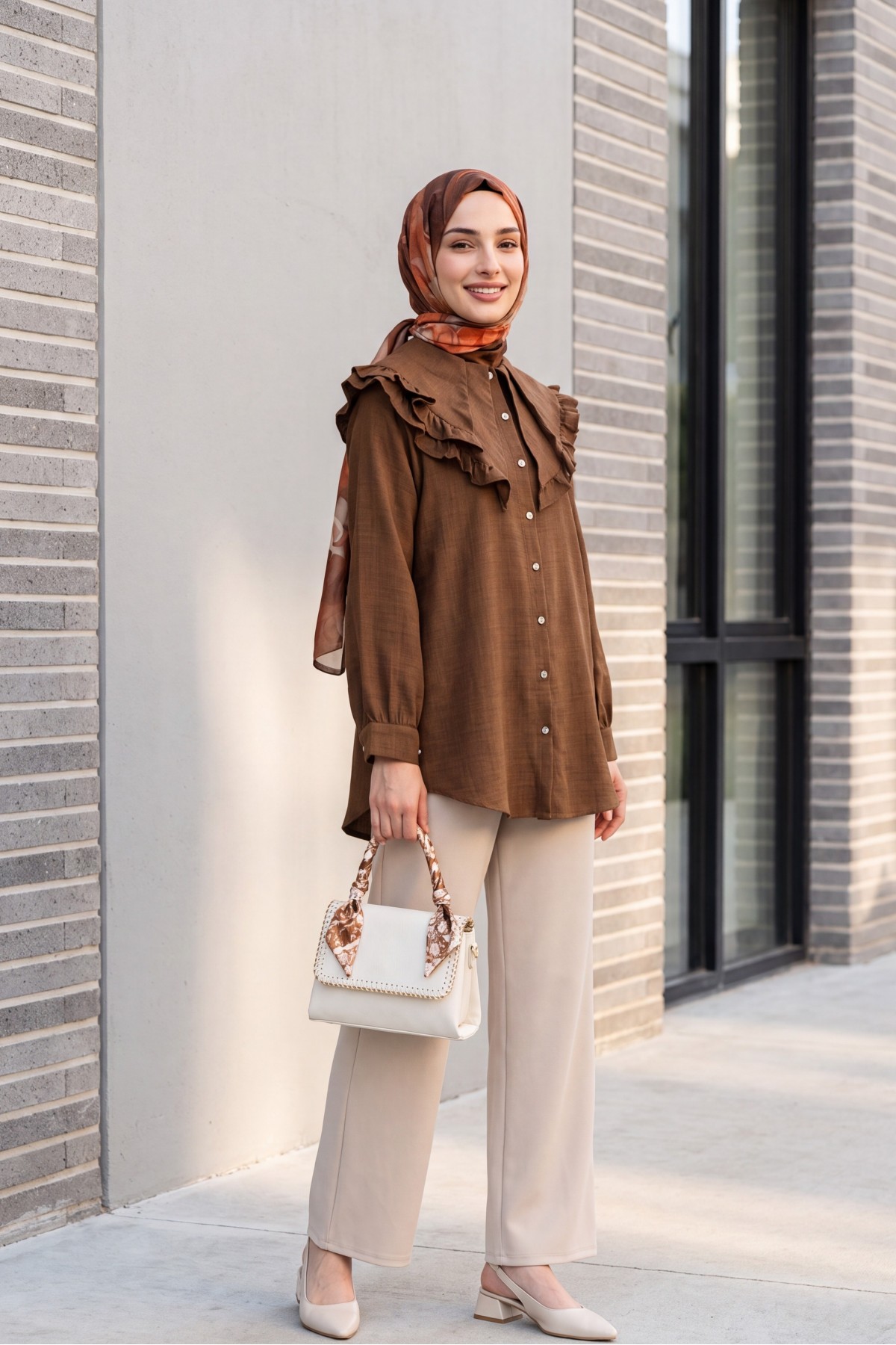 Tube Leg Fabric Trousers with Velcro Waist Detail  - Beige