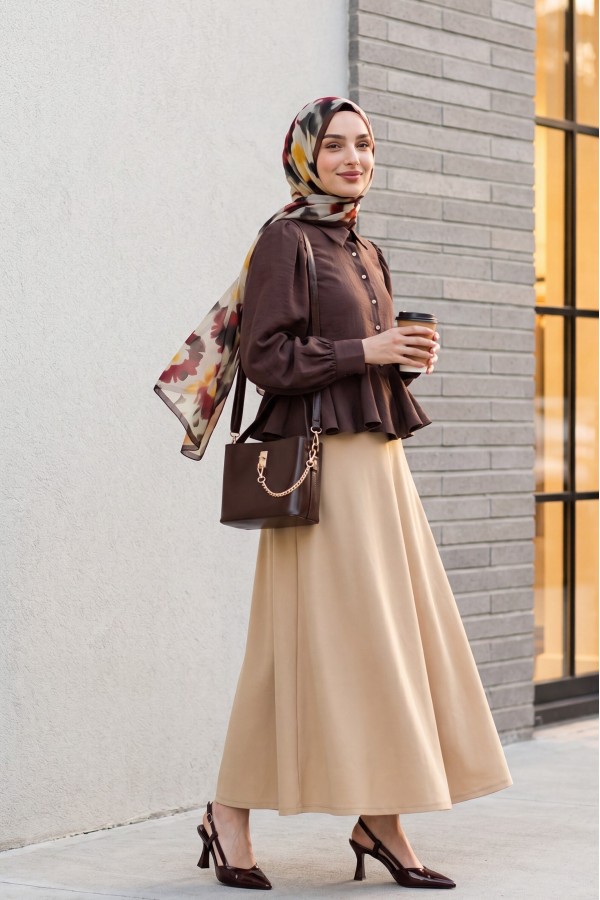 Elasticated Waist Imported Lycra Crepe Flared Skirt - Beige