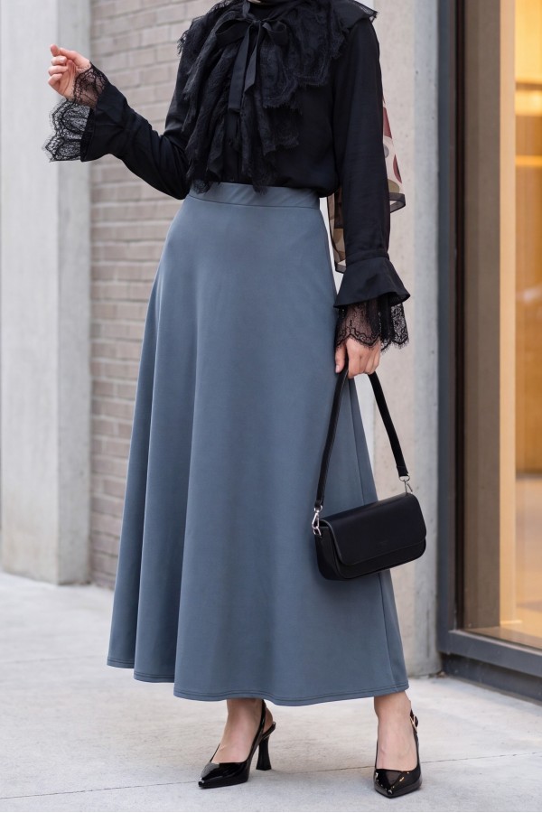 Elasticated Waist Imported Lycra Crepe Flared Skirt -Smoked 