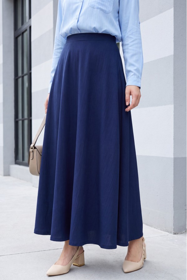 Elasticated Waist Imported Lycra Crepe Flared Skirt -Navy blue