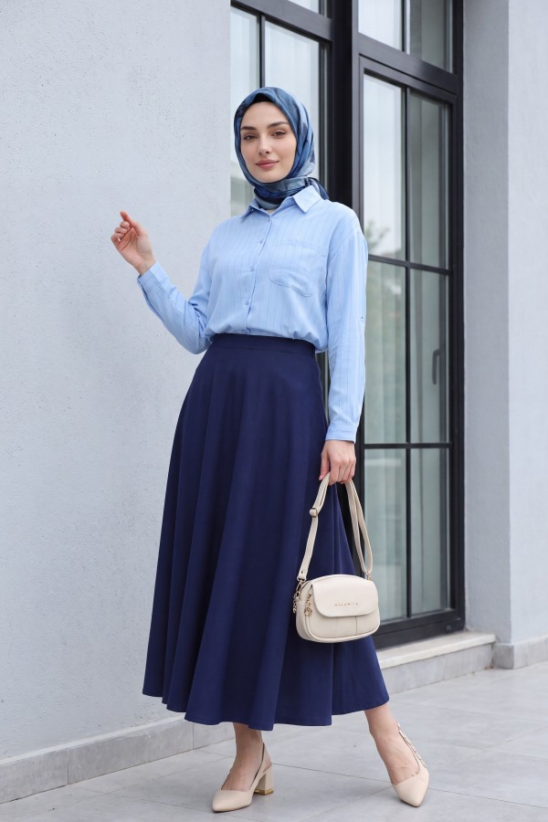 Elasticated Waist Imported Lycra Crepe Flared Skirt -Navy blue
