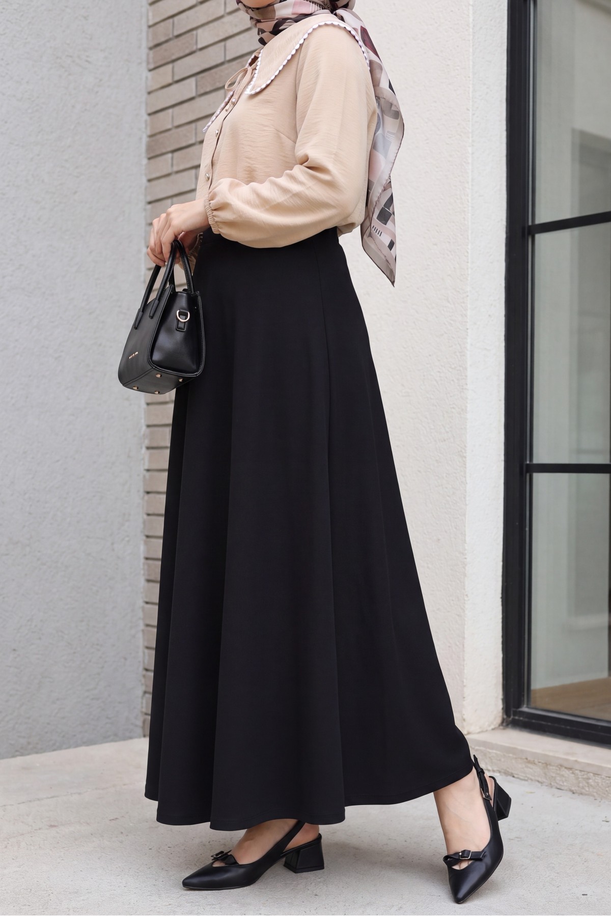 Elasticated Waist Imported Lycra Crepe Flared Skirt -Black