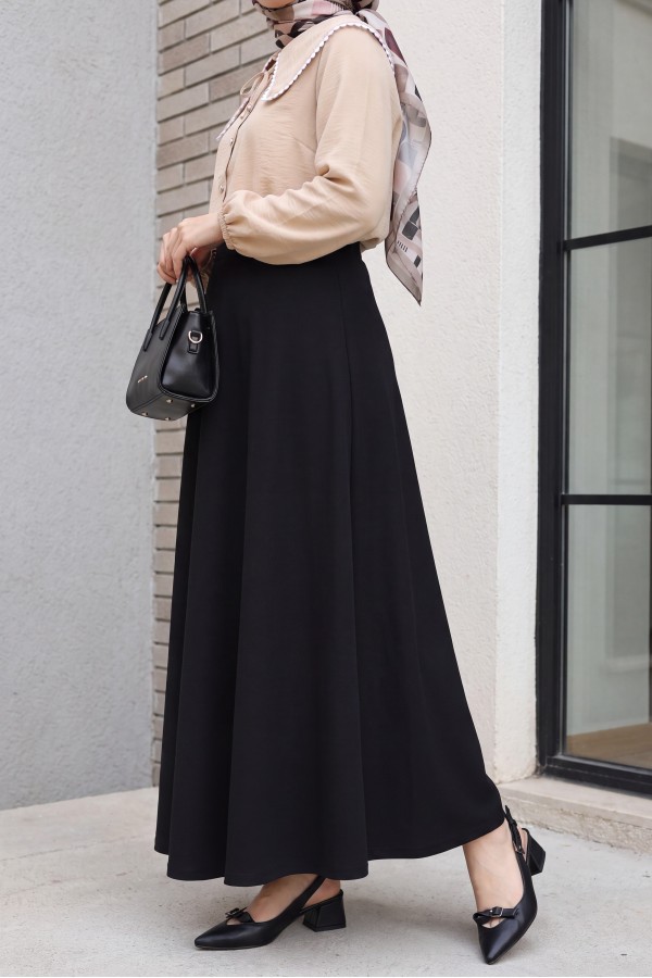 Elasticated Waist Imported Lycra Crepe Flared Skirt -Black