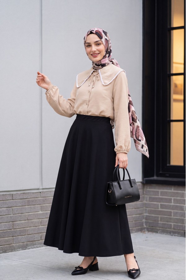 Elasticated Waist Imported Lycra Crepe Flared Skirt -Black