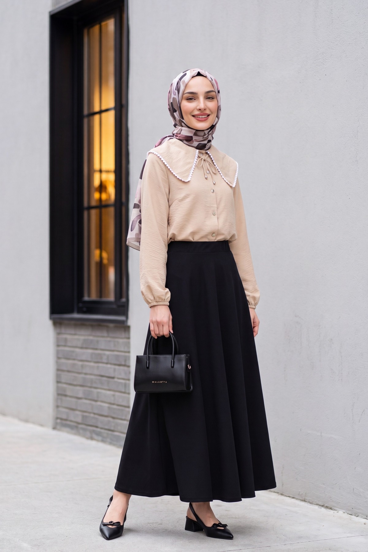 Elasticated Waist Imported Lycra Crepe Flared Skirt -Black