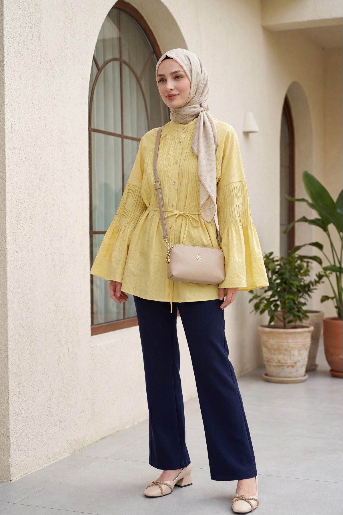 Tube Leg Fabric Trousers with Velcro Waist Detail -Navy blue
