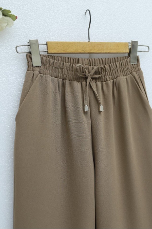 Beli Bağcıklı Dar Paça Pantolon -Vizon