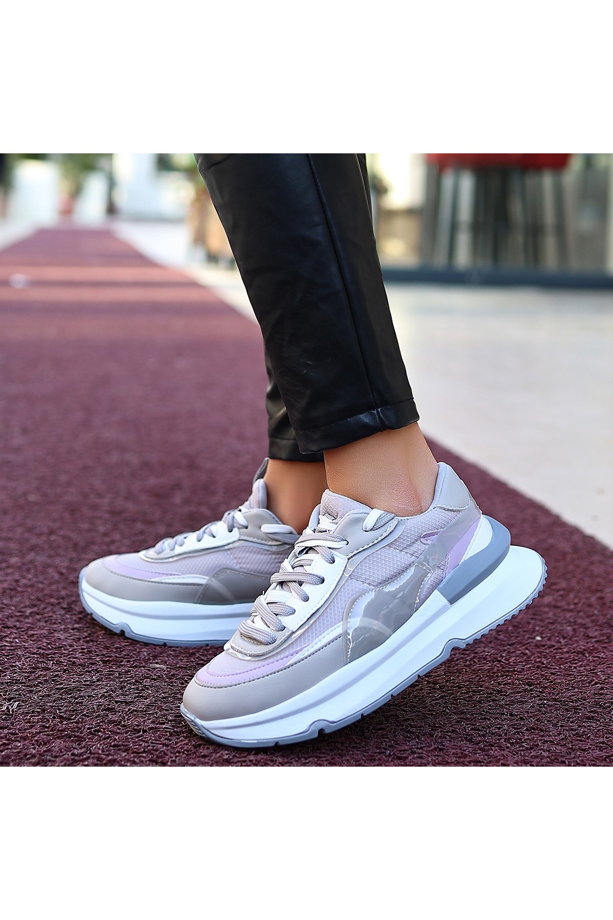Aleh Grey Leather Lace-up Sneakers detay görseli