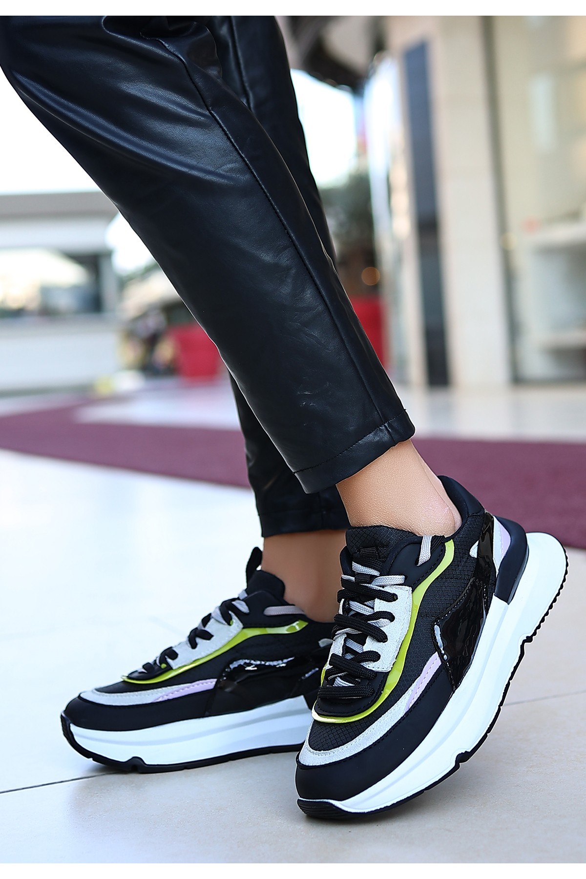 Aleh Black Leather Sneakers with Lilac Details