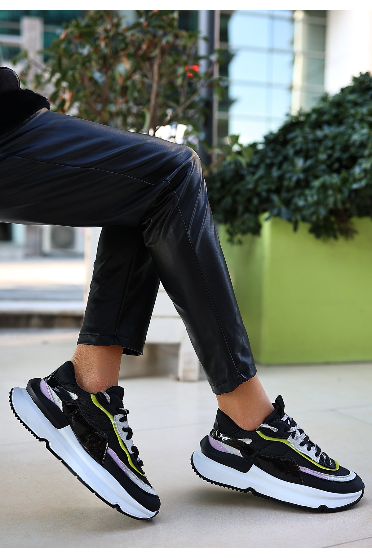 Aleh Black Leather Sneakers with Lilac Details