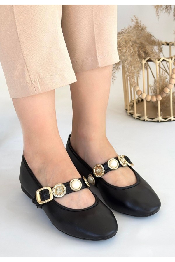 Atnis Black Leather Ballet Flats