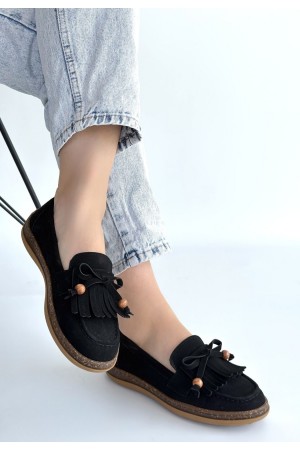 Boriy Siyah Deri Tozu Süet Babet Ayakkabı