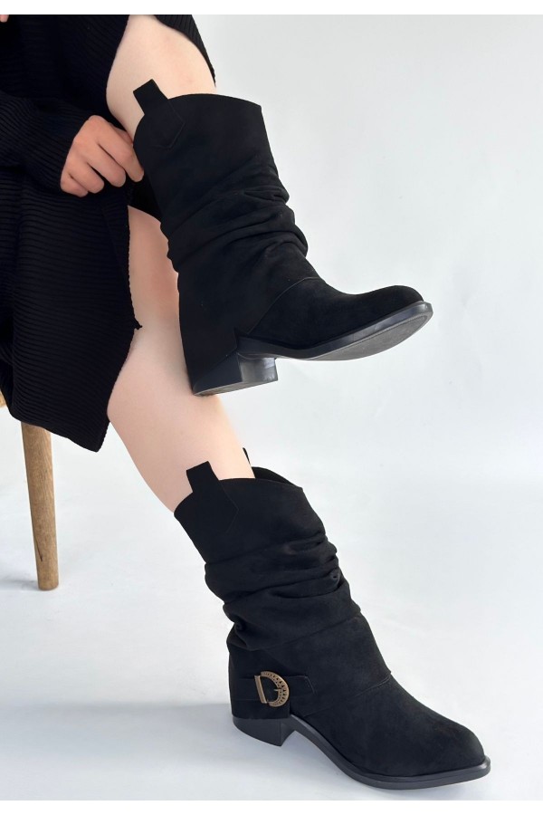 Canty Black Suede Gusseted Heeled Boots