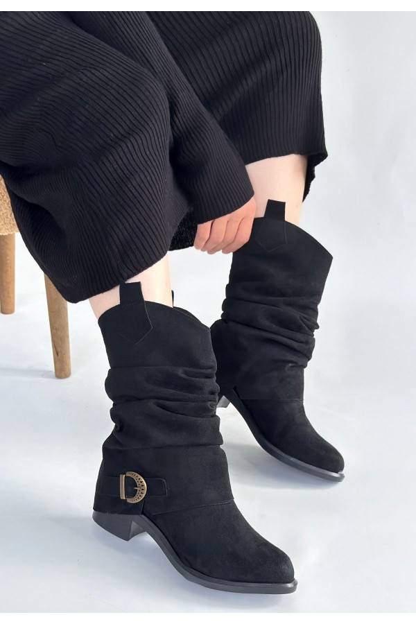 Canty Black Suede Gusseted Heeled Boots