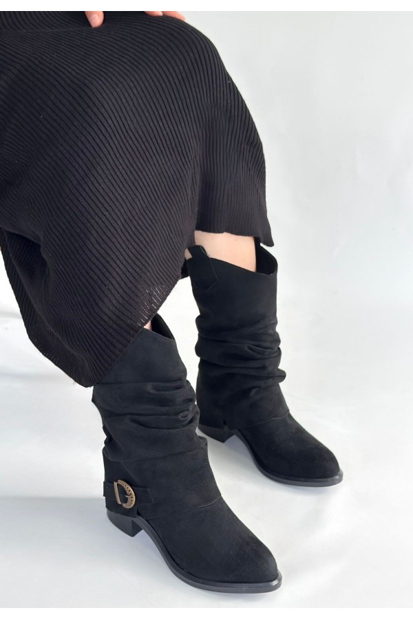 Canty Black Suede Gusseted Heeled Boots
