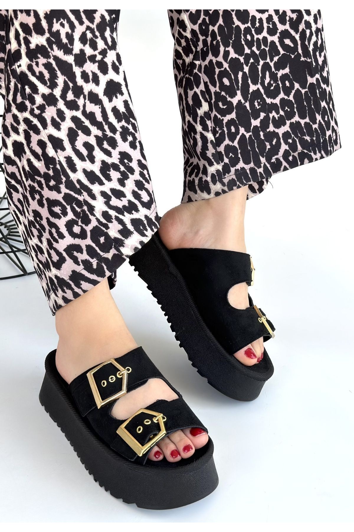 Coer Black Suede Double Buckle Slippers
