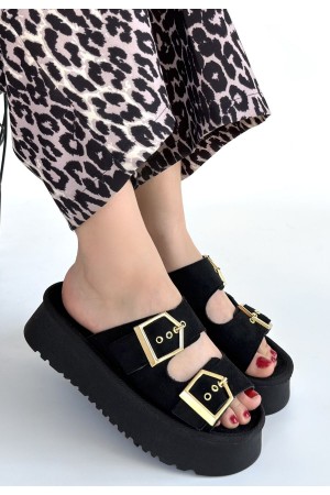 Coer Siyah Süet Çift Tokalı Terlik