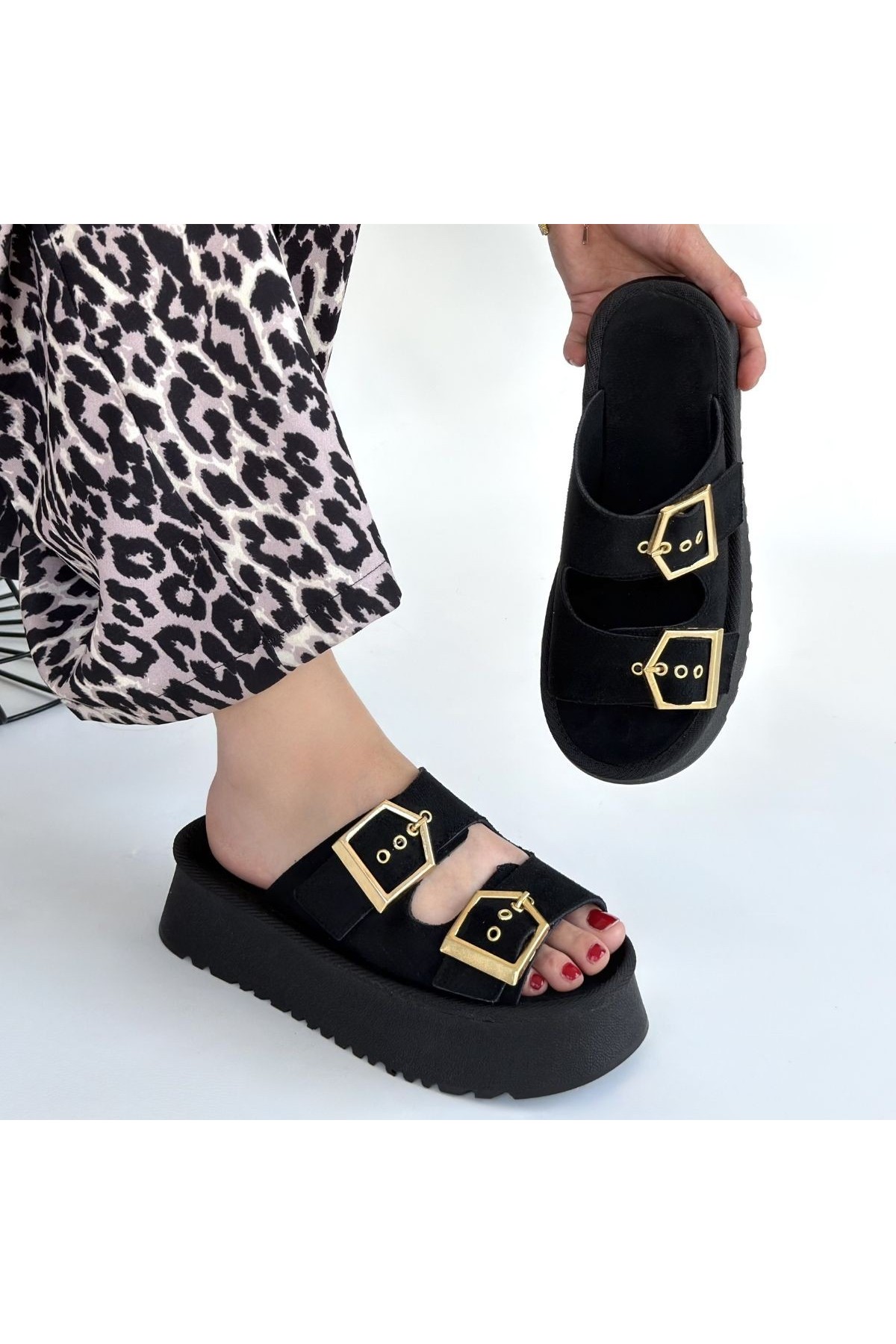 Coer Black Suede Double Buckle Slippers detay görseli