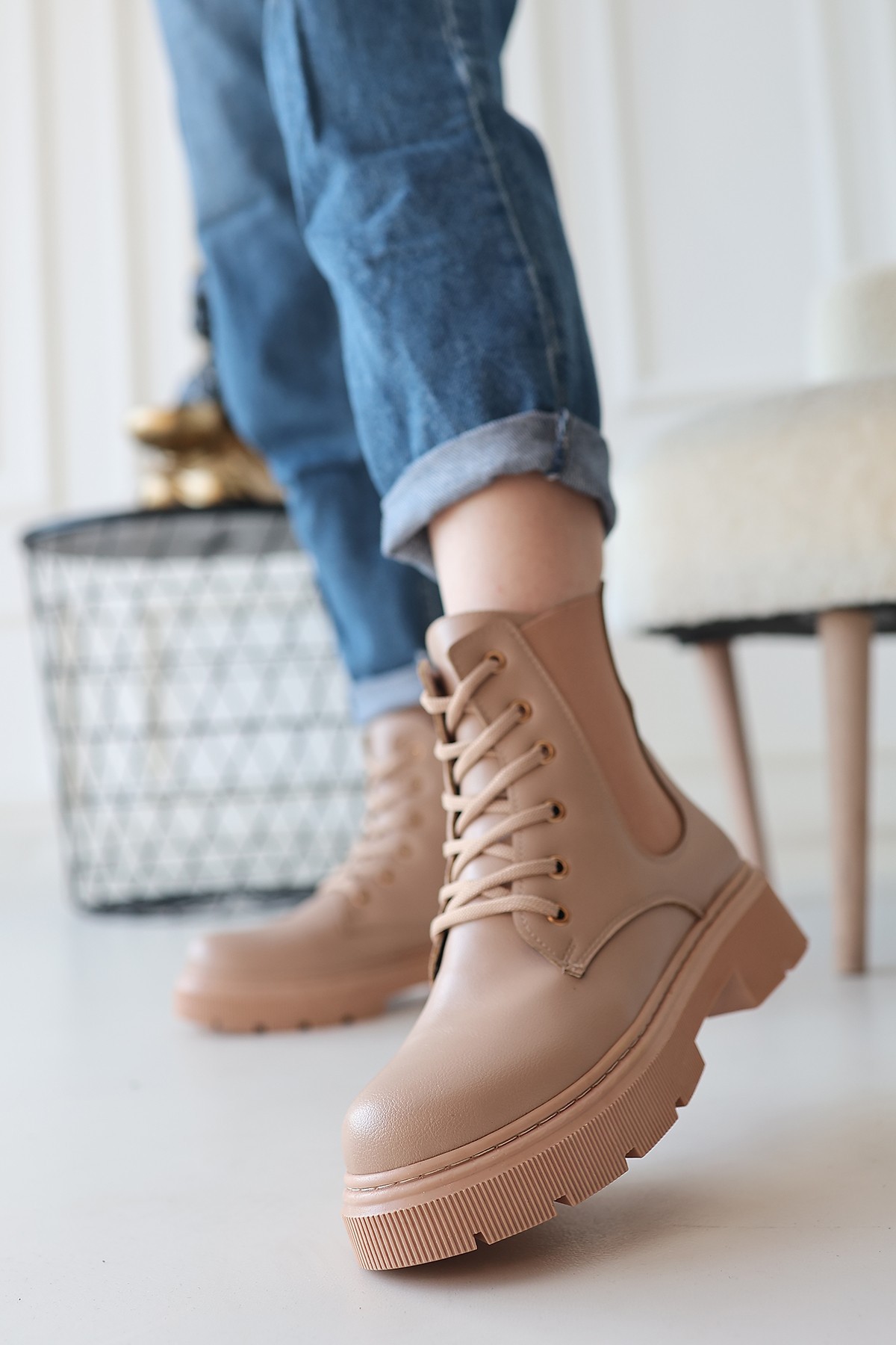 Daum Nude Leather Lace-up Boots