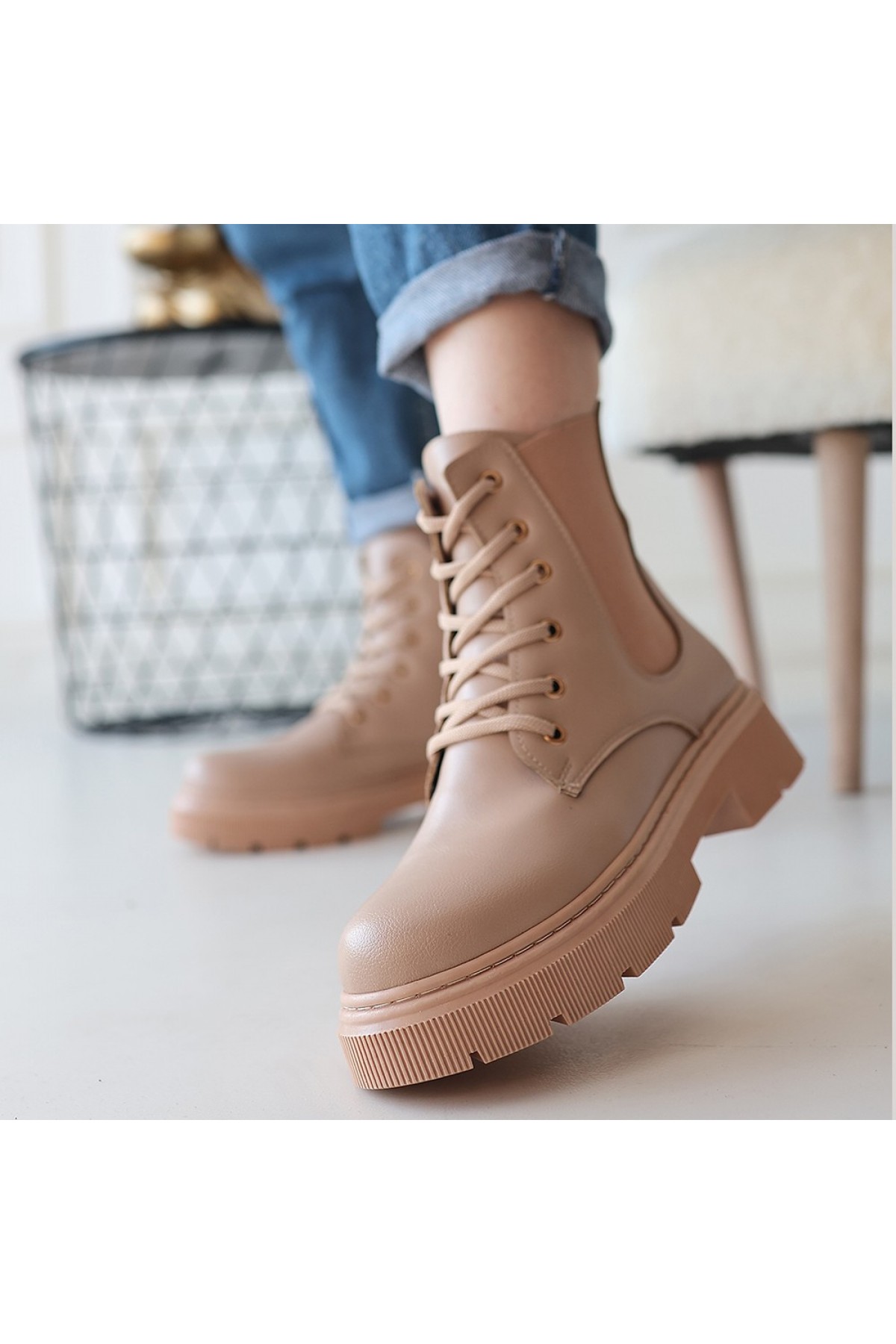 Daum Nude Leather Lace-up Boots detay görseli