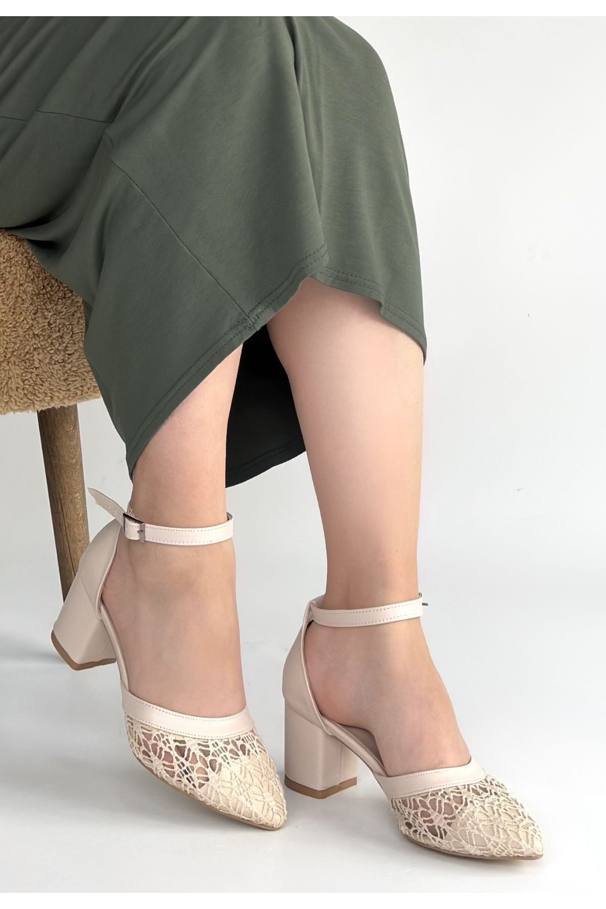 Dmop Beige Leather Tulle Detail High Heel Shoes