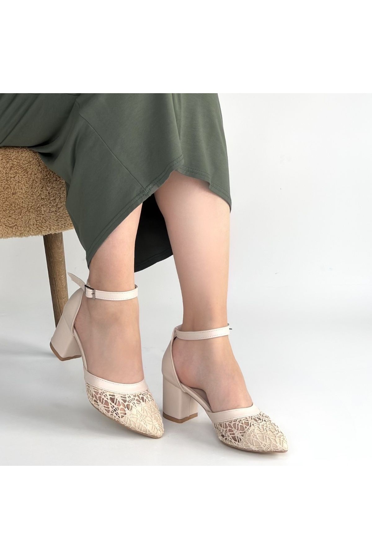 Dmop Beige Leather Tulle Detail High Heel Shoes detay görseli