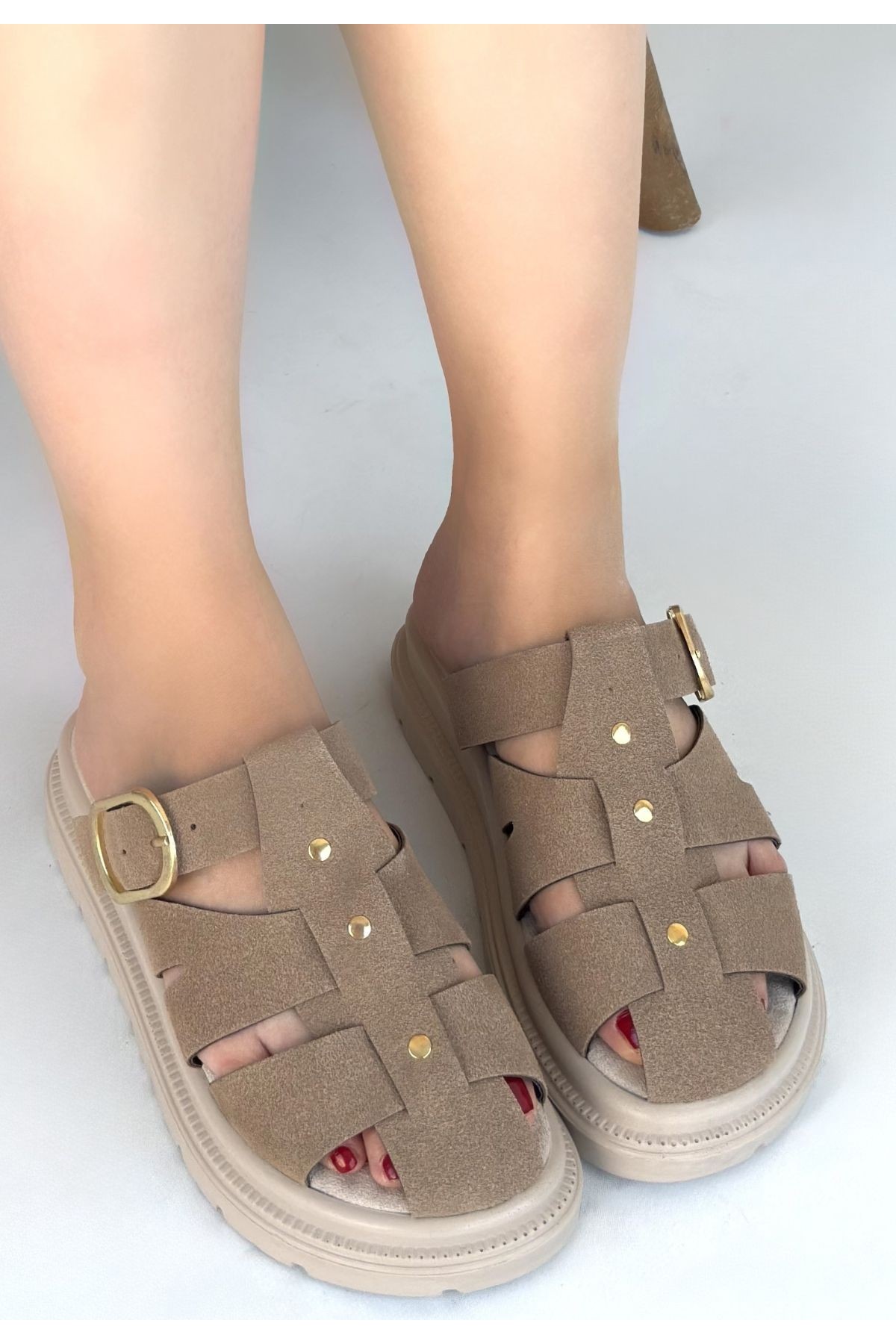 Ellia Beige Suede Buckle Slippers