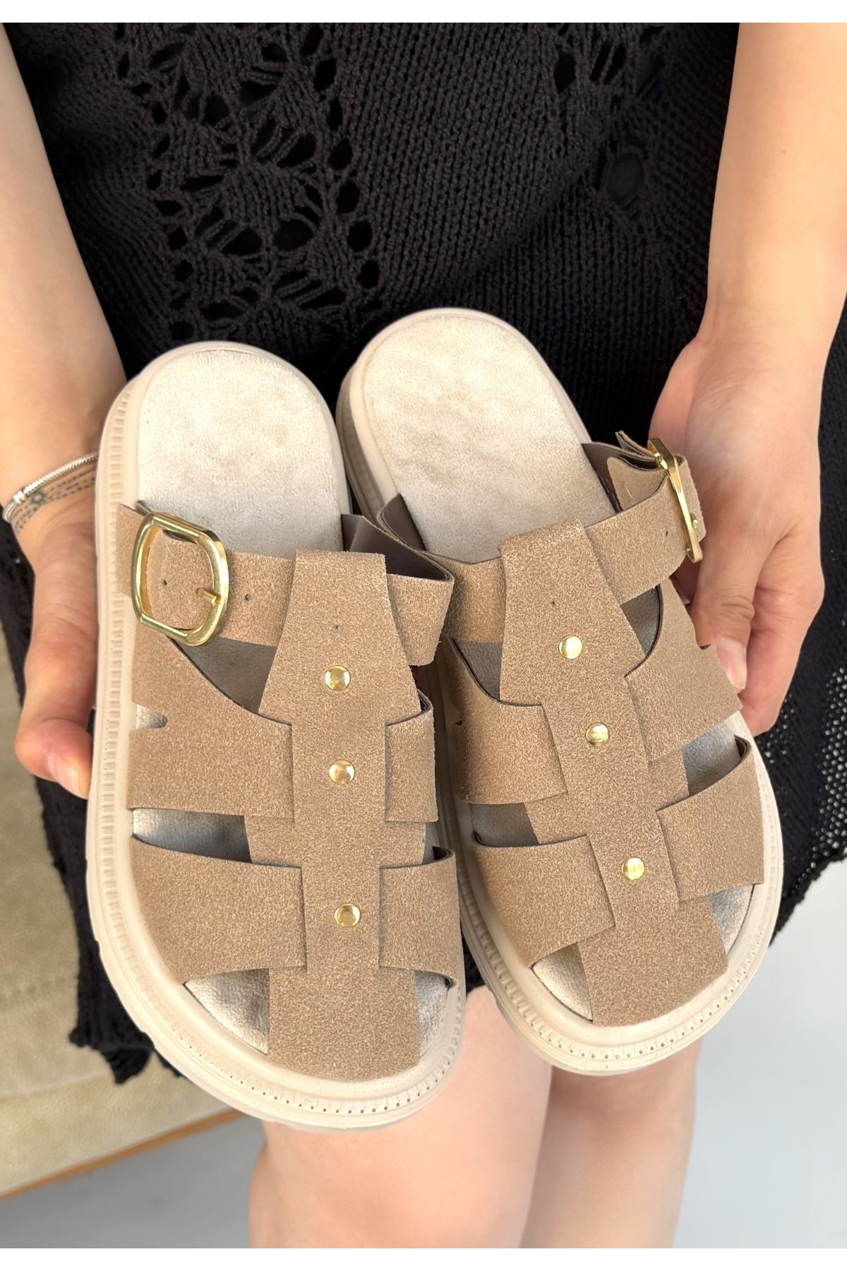 Ellia Beige Suede Buckle Slippers