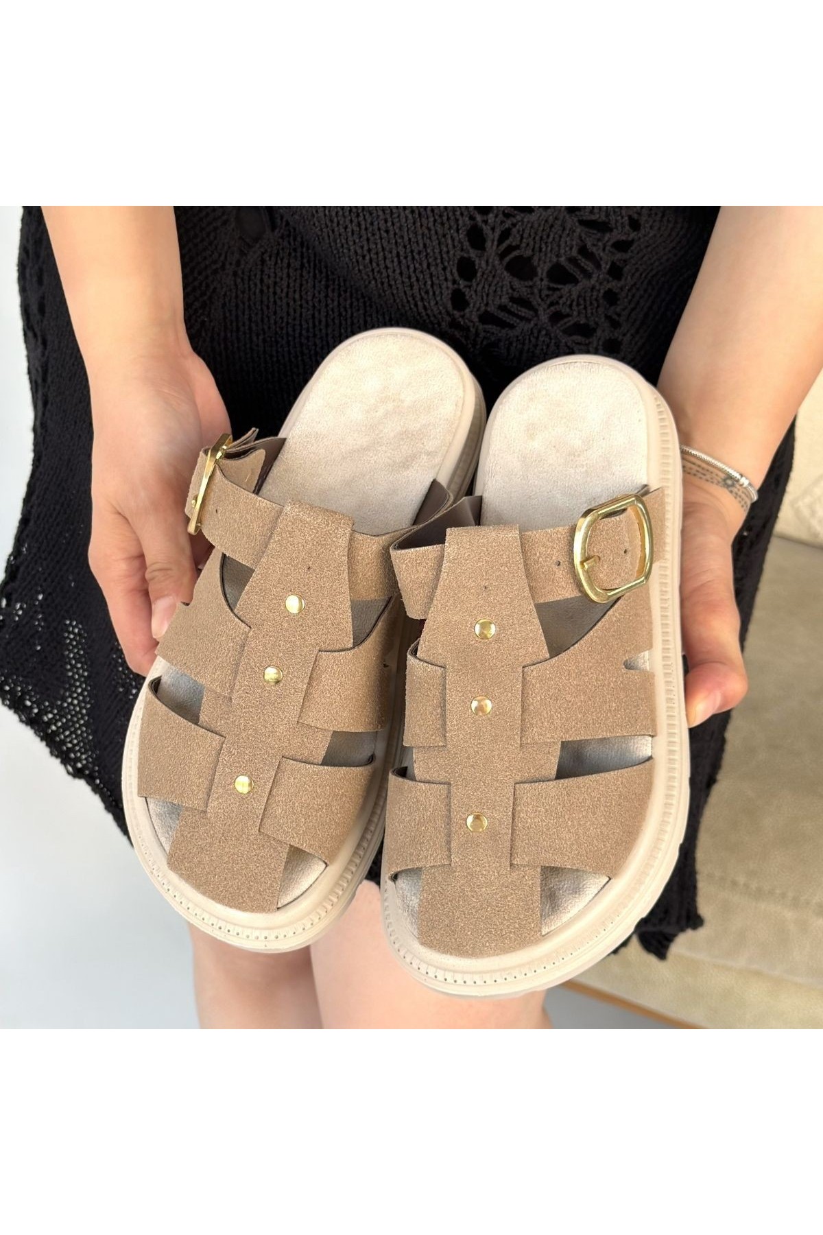 Ellia Beige Suede Buckle Slippers