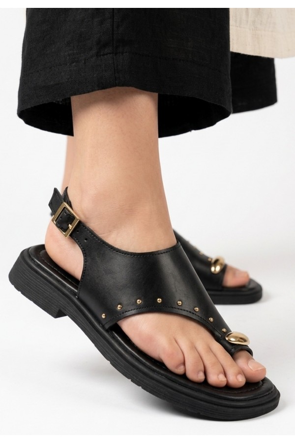 Genta Black Leather Thong Sandals