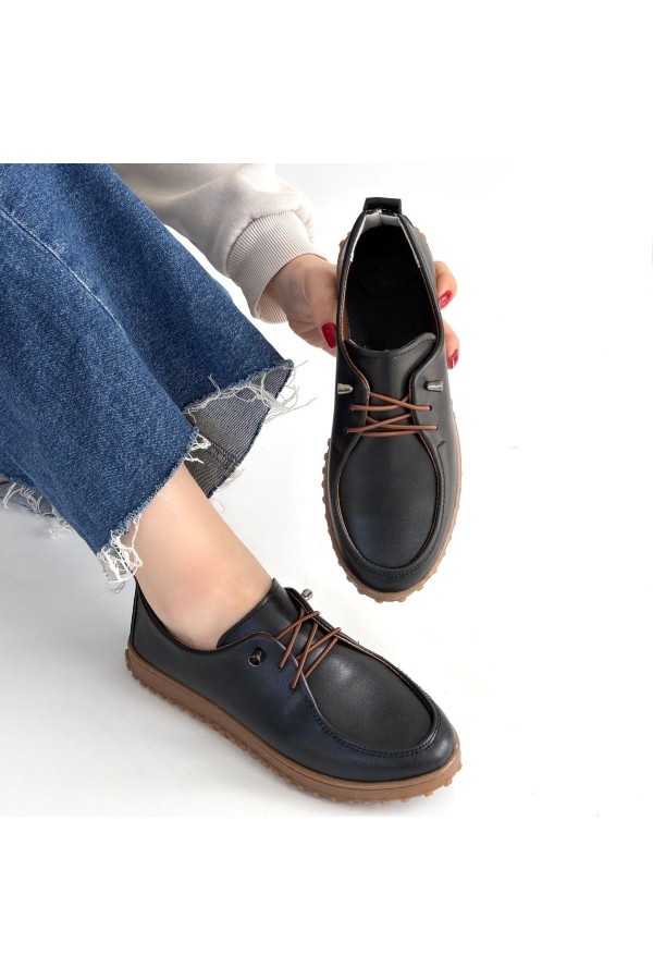 Guot Black Leather Lace-up Ballet Flats