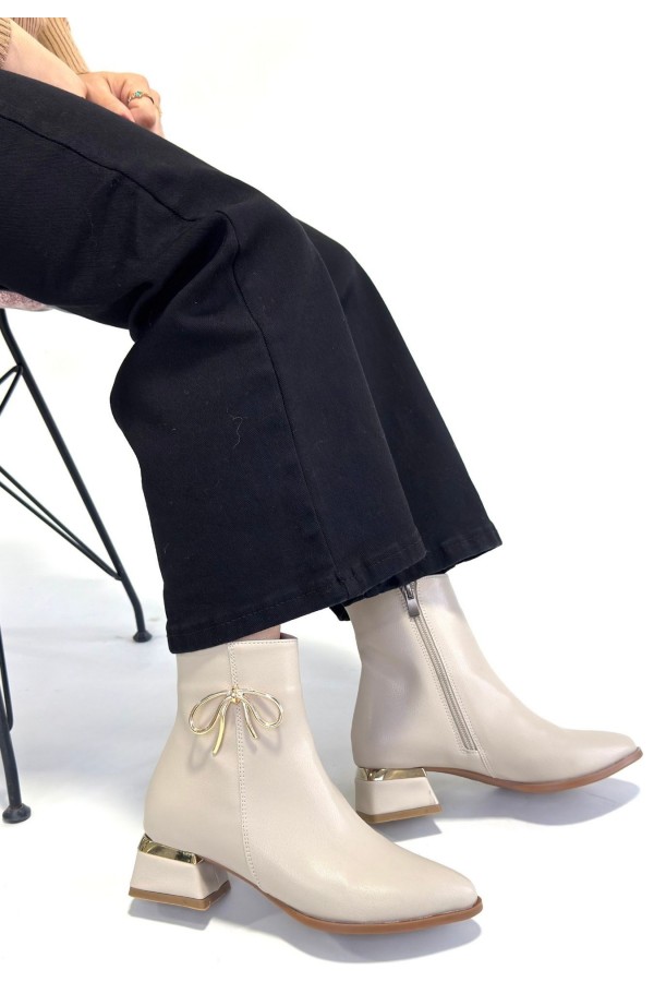 Harly Beige Leather Heeled Boots