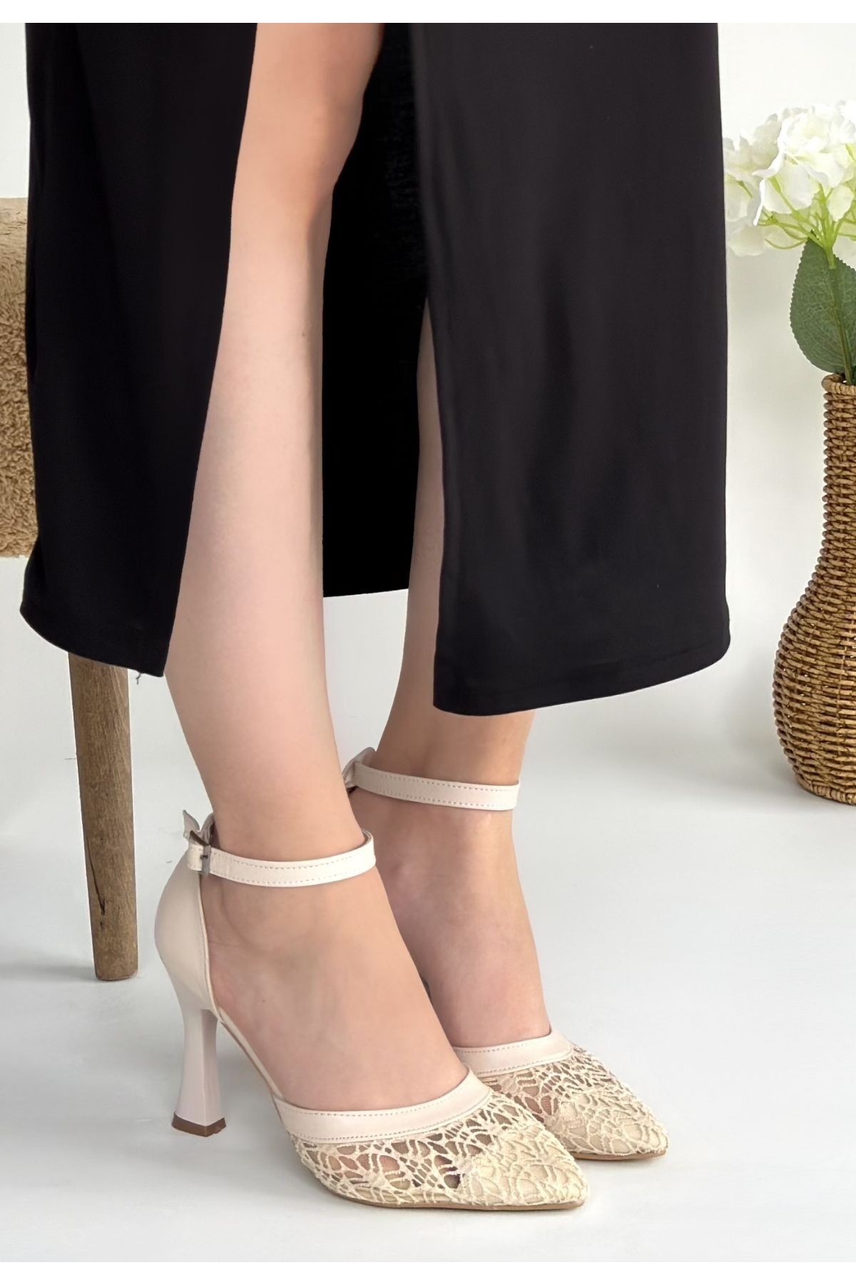 Hejja Beige Leather Tulle Detail High Heel Shoes