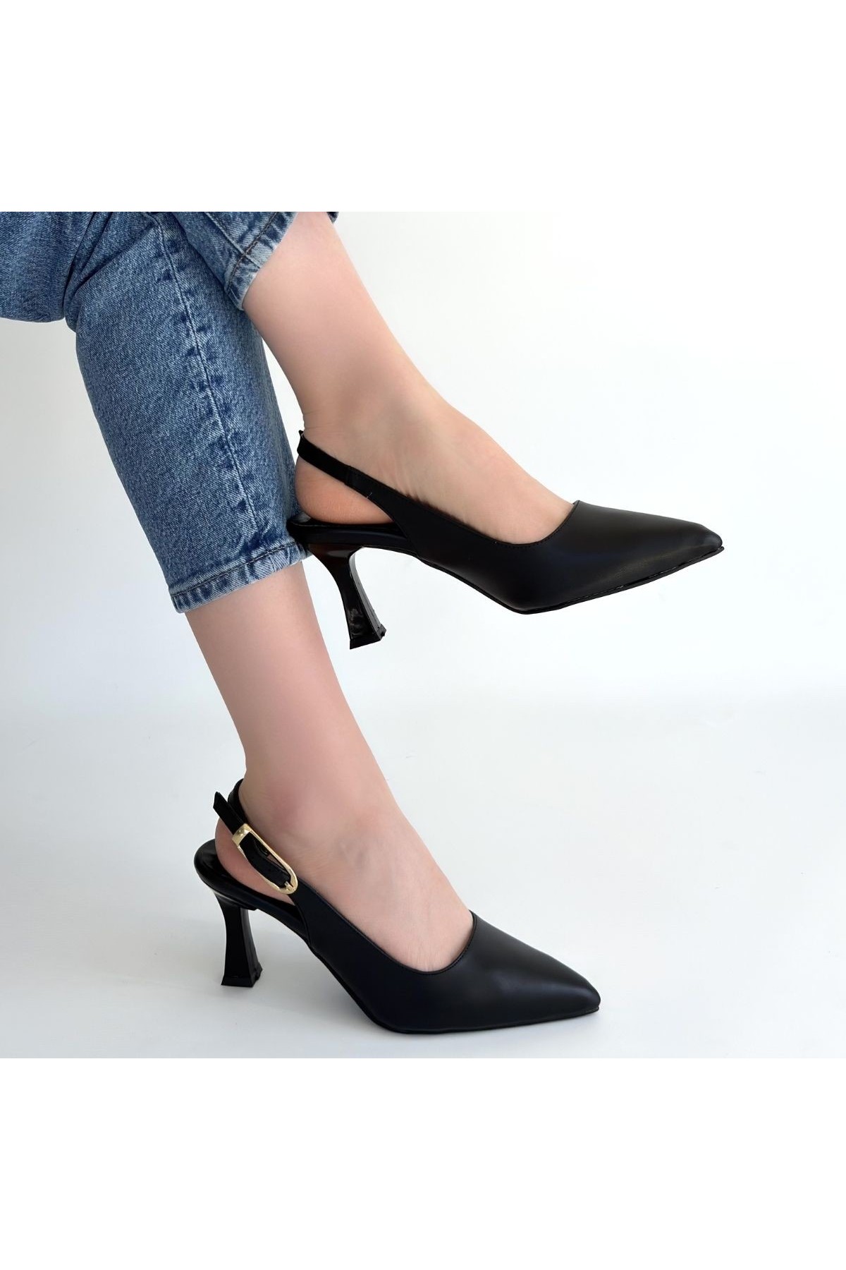 Hies Black Leather High Heel Shoes detay görseli