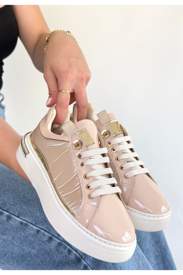 Hley Beige Patent Leather Parachute Detail Lace-up Sneakers