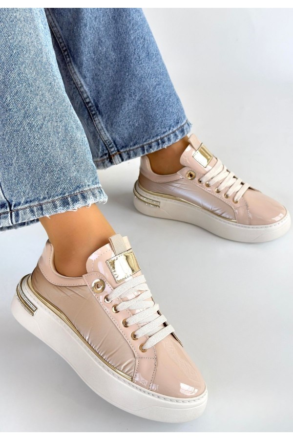Hley Beige Patent Leather Parachute Detail Lace-up Sneakers