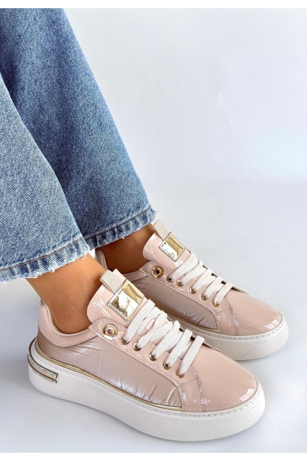 Hley Beige Patent Leather Parachute Detail Lace-up Sneakers