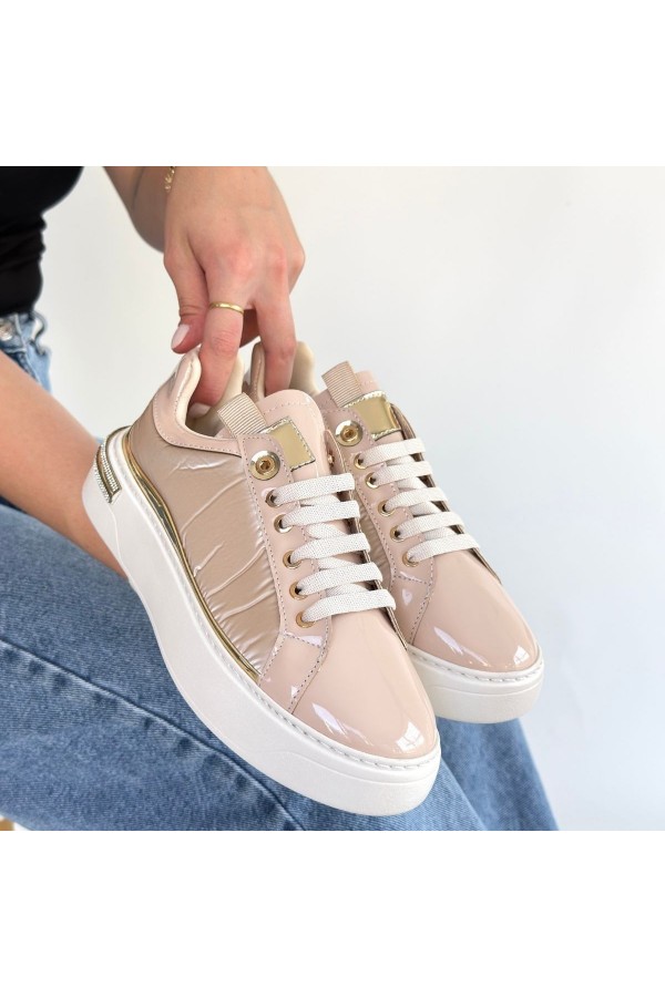 Hley Beige Patent Leather Parachute Detail Lace-up Sneakers